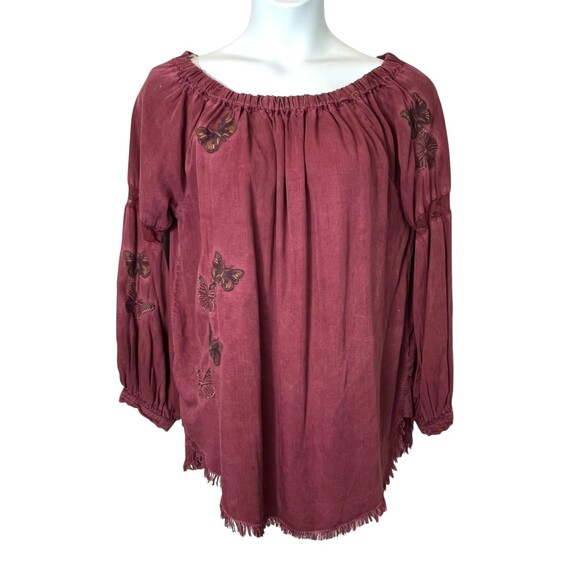 Standard Grace Butterfly Embroidered Boho Top  Size XL  Poet Sleeves Frayed Hem - Picture 1 of 12